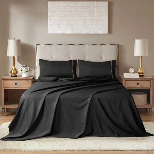 Burrata Stitch Cotton Sateen Sheet Set Black – Soft Luxury Bed Sheets