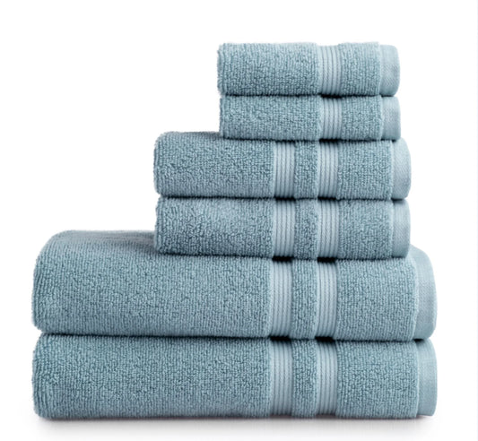 Performance Cotton 6-Piece Bath Towel Set, Super Soft Quick Dry Fade Resistant, Solid Blue