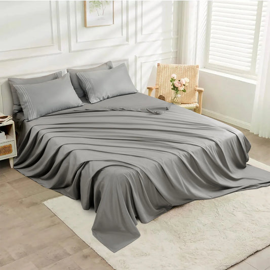 Plain Grey Bed Sheet Set – Soft Breathable Microfiber Bedding Set with Pillowcases, Lightweight Wrinkle Resistant All Season Sheet Set for Everyday Comfort