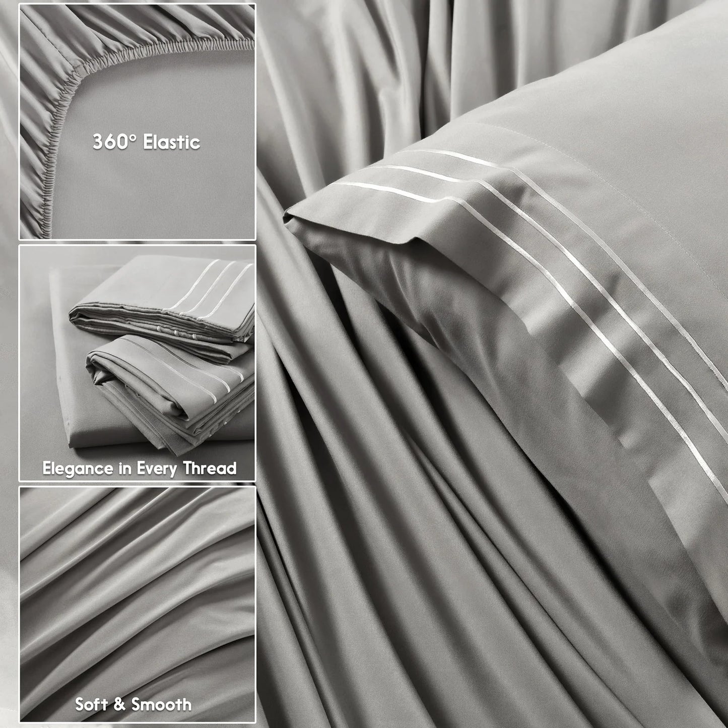 Plain Grey Bed Sheet Set – Soft Breathable Microfiber Bedding Set with Pillowcases, Lightweight Wrinkle Resistant All Season Sheet Set for Everyday Comfort