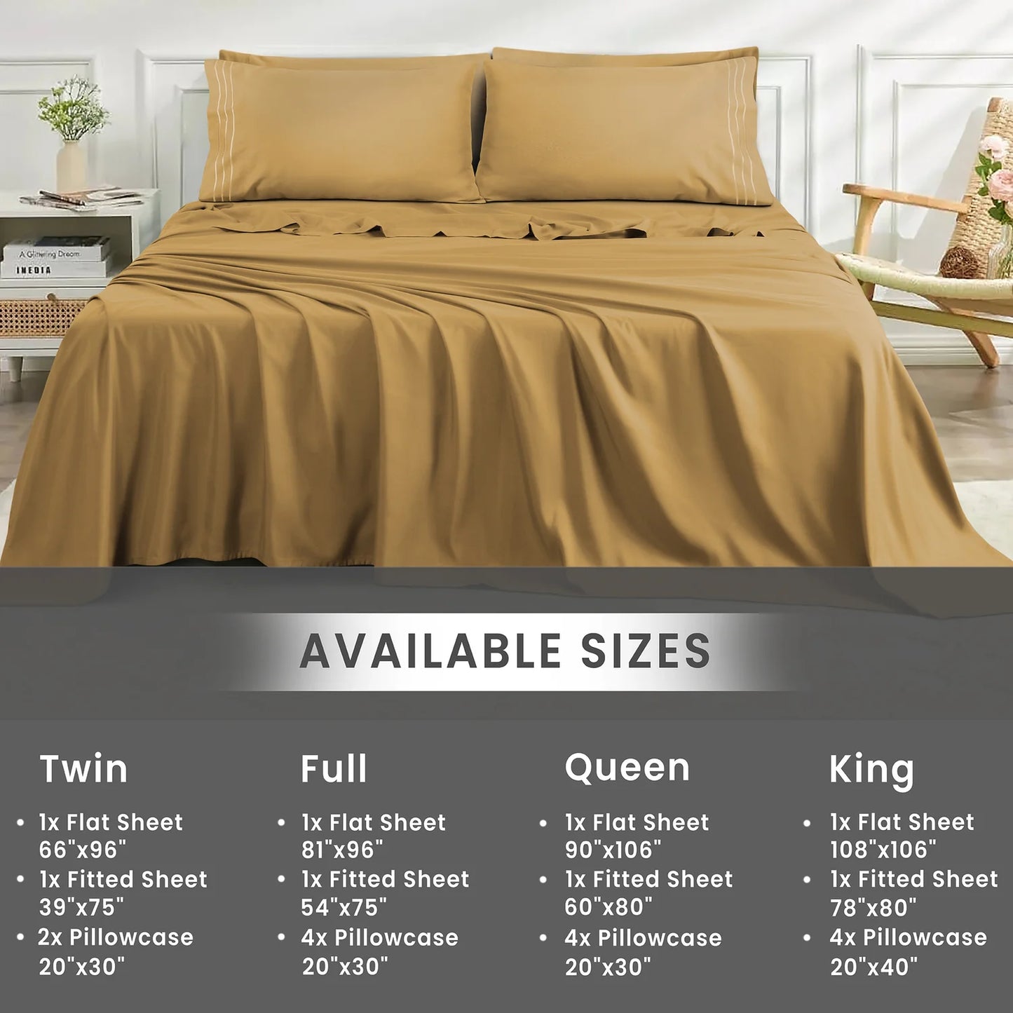 Plain Camel Brown Bed Sheet Set – Soft Breathable Microfiber Bedding Set with Pillowcases, Lightweight Wrinkle Resistant All Season Sheet Set for Everyday Comfort