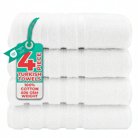 Luxury 4 Piece Bath Towel Set, 100% Cotton Turkish Bath Towels for Bathroom, White