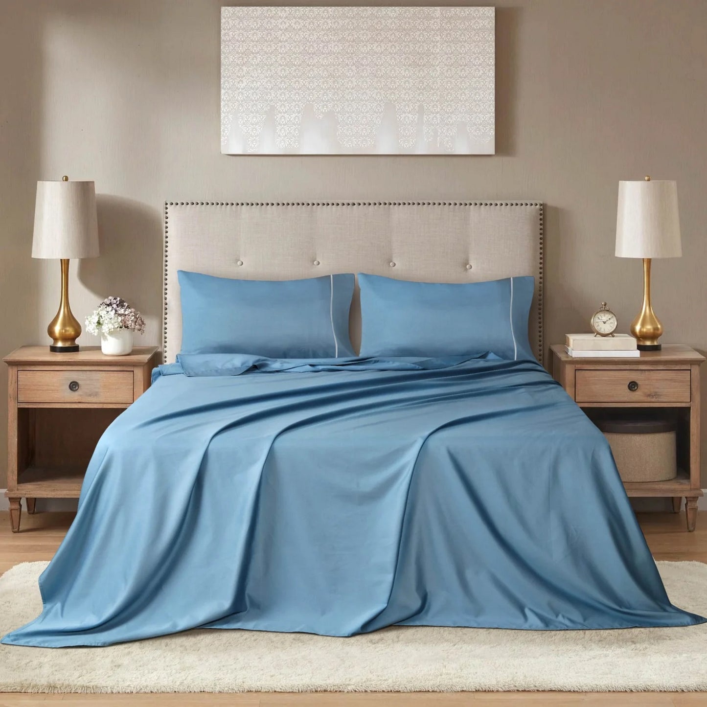 Barrata Stitch 100% Cotton Sateen Sheet Set, Provincial Blue, 400 Thread Count Luxury Bed Sheets, Soft Breathable Cooling Bedding Set with Pillowcases, Hotel Quality All-Season Cotton Linen