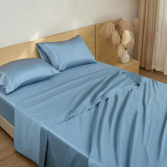 Barrata Stitch 100% Cotton Sateen Sheet Set Provincial Blue – 400 Thread Count Luxury Soft Breathable Bedding Set with Pillowcases
