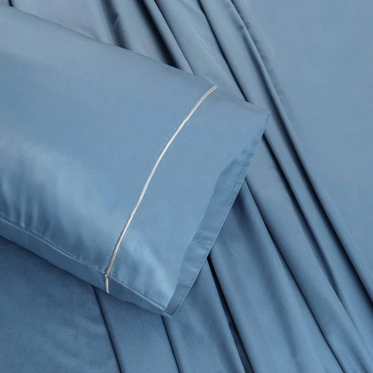 Barrata Stitch 100% Cotton Sateen Sheet Set, Provincial Blue, 400 Thread Count Luxury Bed Sheets, Soft Breathable Cooling Bedding Set with Pillowcases, Hotel Quality All-Season Cotton Linen