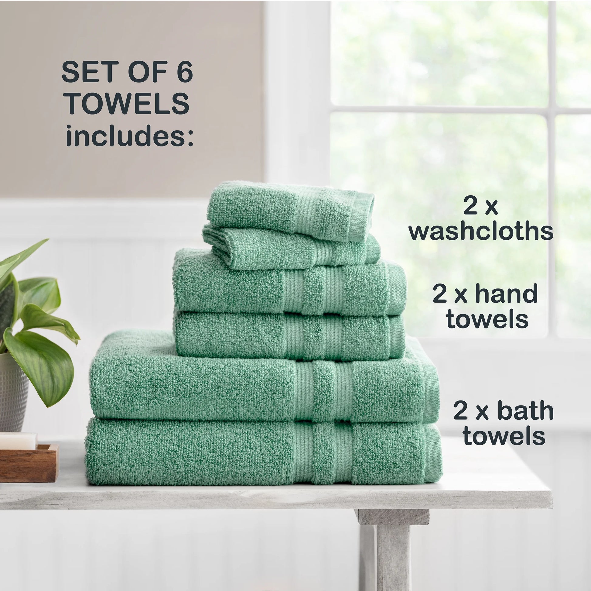 Performance Cotton 6-Piece Bath Towel Set, Super Soft Quick Dry Fade Resistant, Solid Green