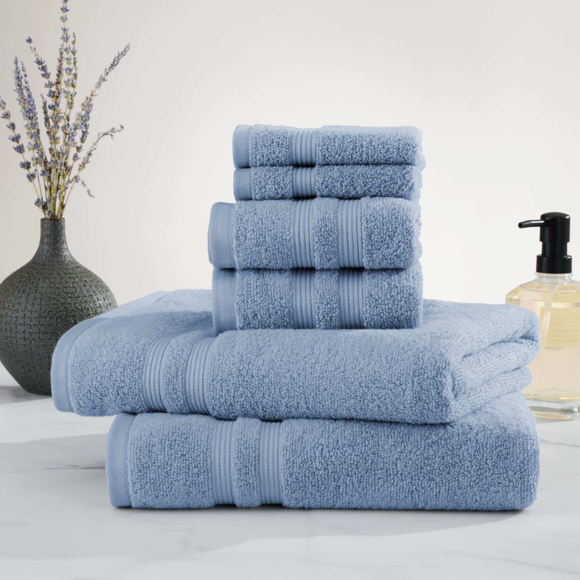 Performance Cotton 6-Piece Bath Towel Set, Super Soft Quick Dry Fade Resistant, Solid Blue