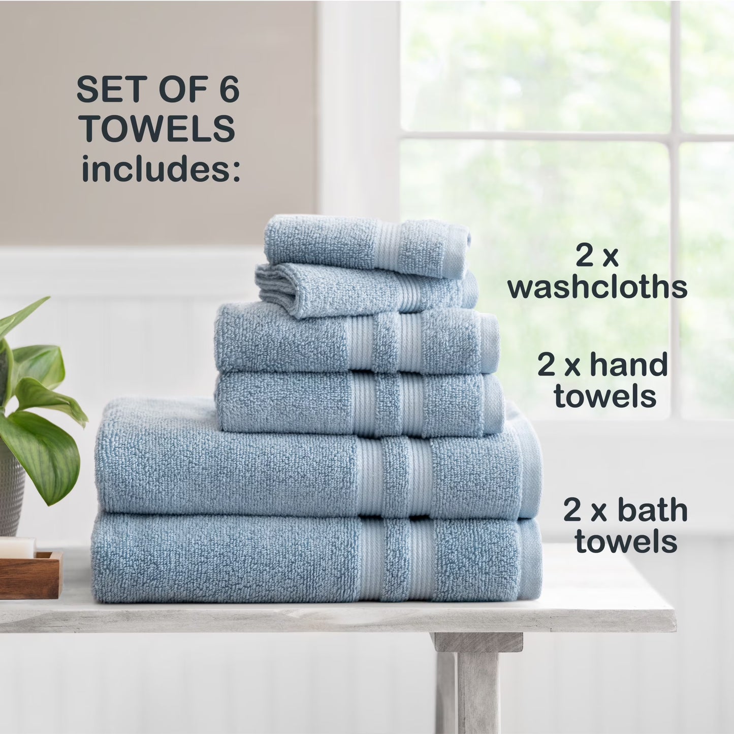 Performance Cotton 6-Piece Bath Towel Set, Super Soft Quick Dry Fade Resistant, Solid Blue
