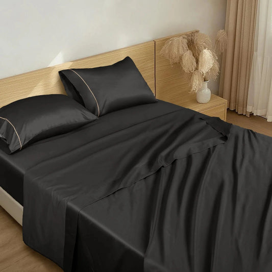 Burrata Stitch Cotton Sateen Sheet Set Black – Soft Luxury Bed Sheets
